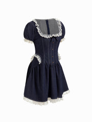 Stretch Denim Lace Trim Puff Sleeve A-line Mini Dress
