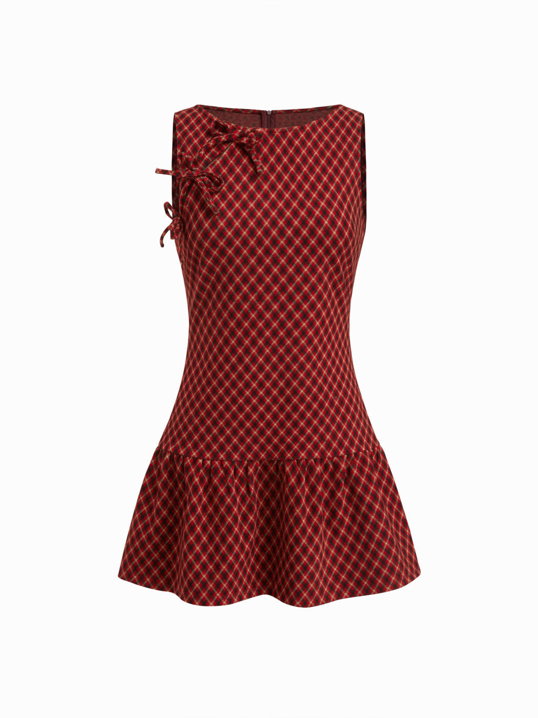 Plaid Round Neckline Knotted Ruffle Hem Mini Dress