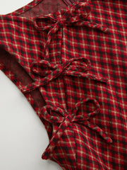 Plaid Round Neckline Knotted Ruffle Hem Mini Dress