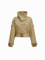 Funnel Collar Double Breasted Trench Coat With Belt