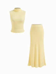 High Neck Texture Lettuce Trim Top & Mid Rise Maxi Skirt Set