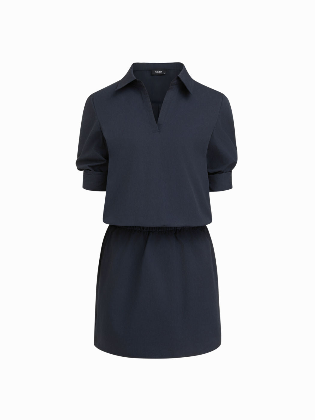 100% Cotton Collar V-neck Long Sleeve Cinched Waist Mini Dress
