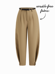 Wrinkle-free Fabric Mid Rise Barrel-leg Trousers With Belt