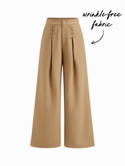 Wrinkle-free Fabric Mid Rise Elastic Waist Lace Up Wide Leg Trousers