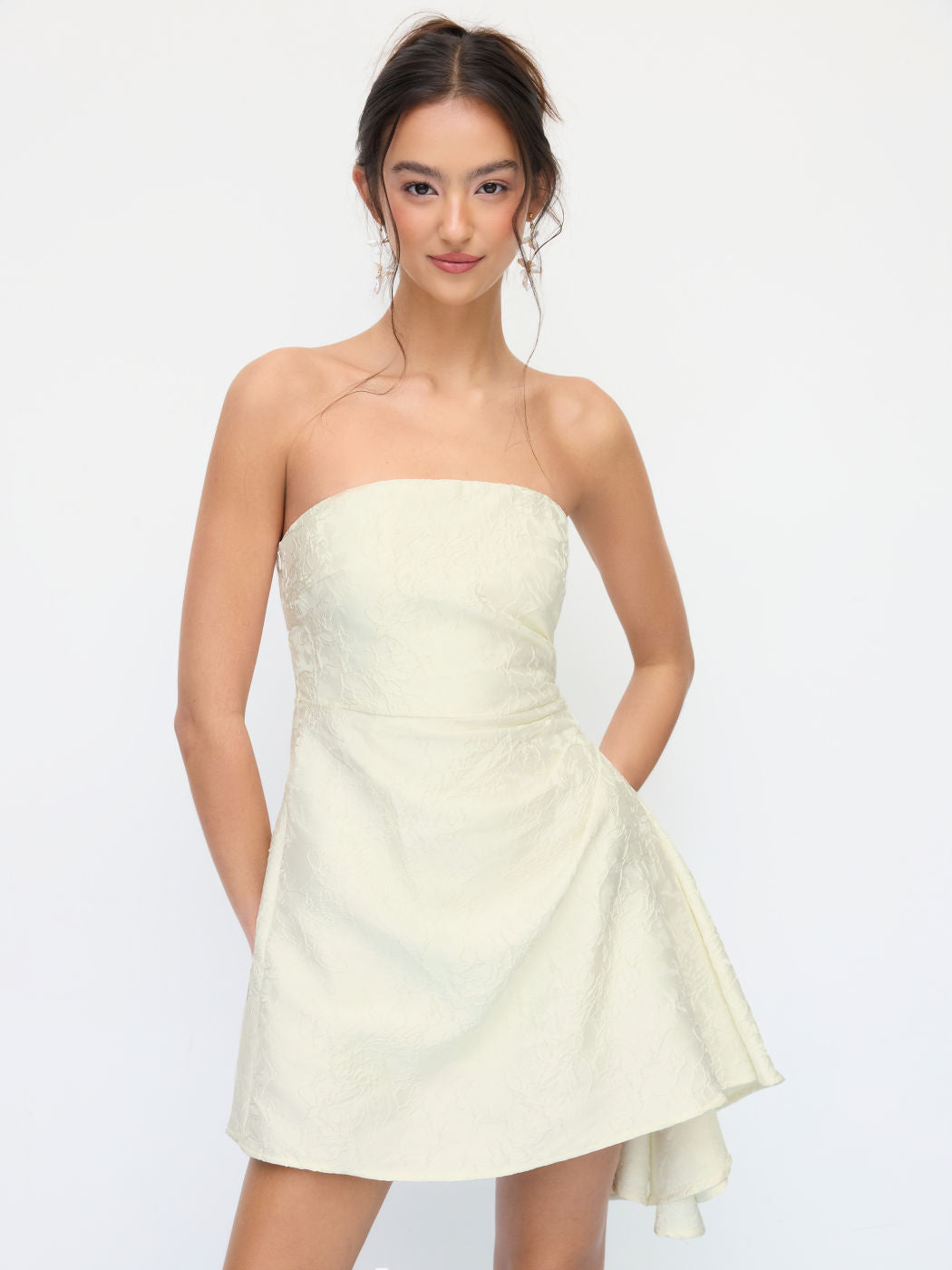 Jacquard Floral Draped Lace Up Mini Bandeau Dress