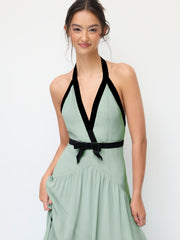 Halter Neckline Backless Contrasting Binding Bowknot Ruffle Hem Maxi Dress