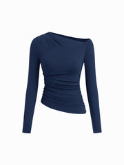 Asymmetrical Neck Long Sleeve Ruched Top
