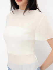 Stand Collar Textured Short Sleeve Blouse With Bandeau Top