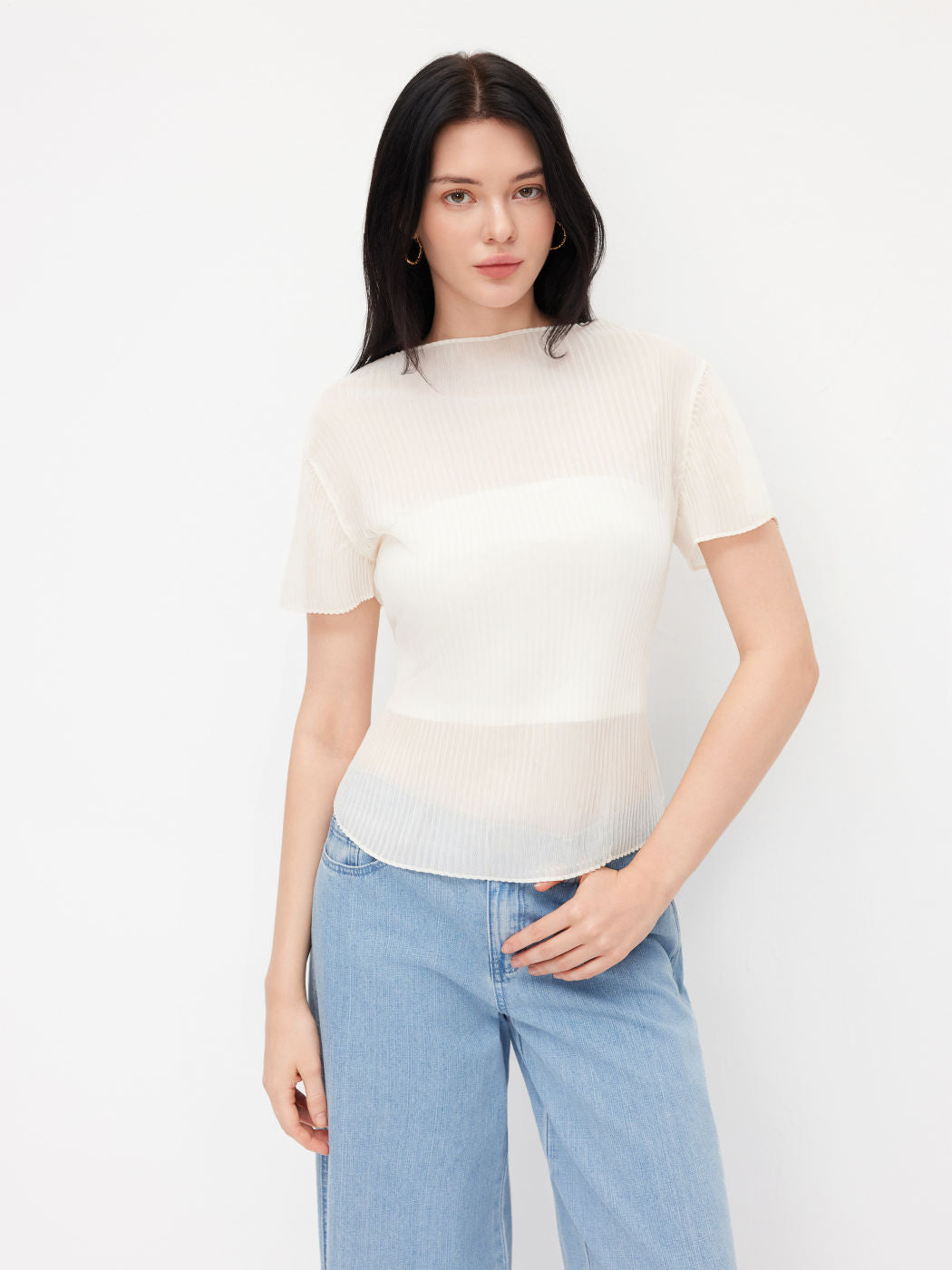 Stand Collar Textured Short Sleeve Blouse With Bandeau Top