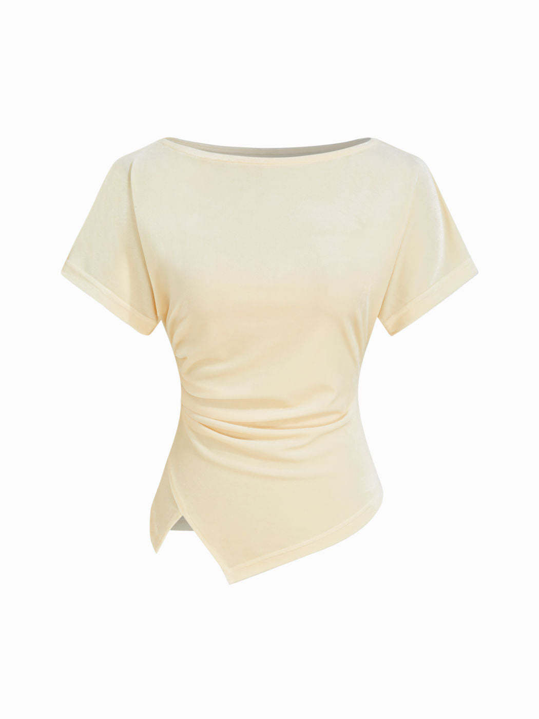 Velvet Boat Neck Short Sleeve Asymmetrical Hem Ruched Top
