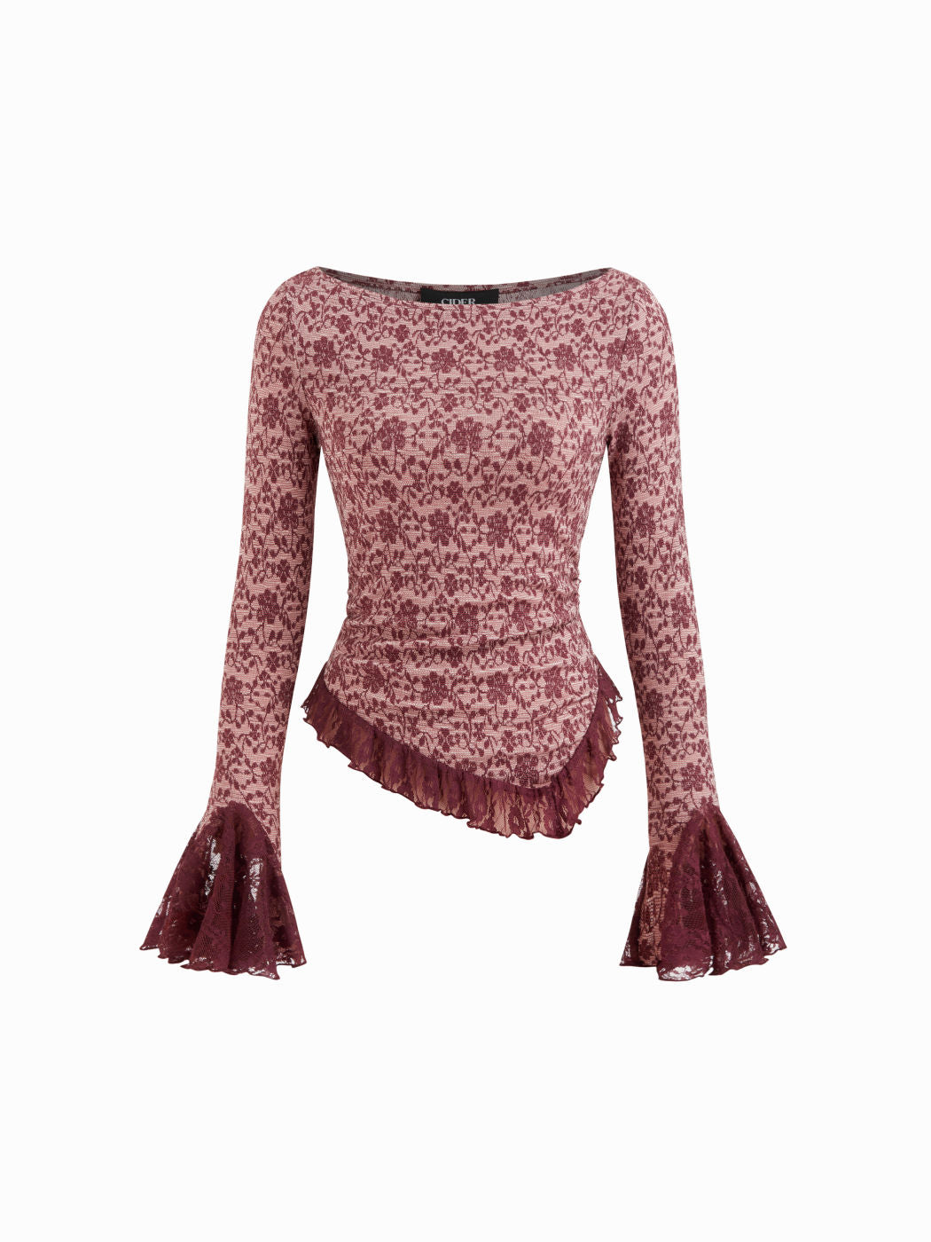 Floral Boat Neck Lace Trim Asymmetrical Hem Bell Sleeve Ruched Top