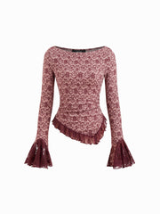 Floral Boat Neck Lace Trim Asymmetrical Hem Bell Sleeve Ruched Top
