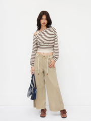 Cotton-blend Asymmetrical Neckline Striped Sweatshirt & Ruched Tank Top