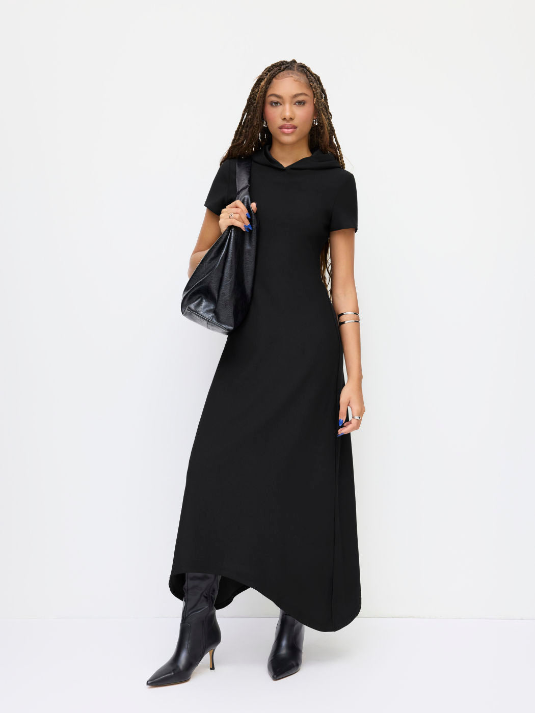 Hooded Short Sleeve Asymmetrical Hem Maxi Dress