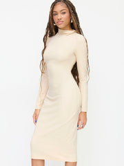 Cotton-blend High Neck Long Sleeve Ruched Midi Dress