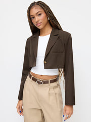 Notched Collar Long Sleeve Crop Blazer