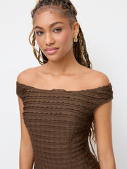 Off-shoulder Texture Lettuce Trim Maxi Dress