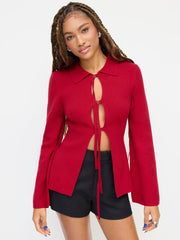 Knit Wool-blend Collar Bell Sleeve Belted Front Cut Out Top