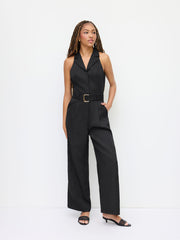 Collar V-neck Straight Leg Jumpsuit With Belt