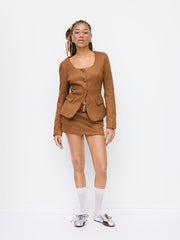 Suede Square Neck Long Sleeve Blazer