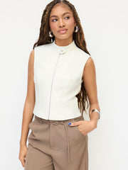 Cotton-blend High Neckline Zip Through Tank Top