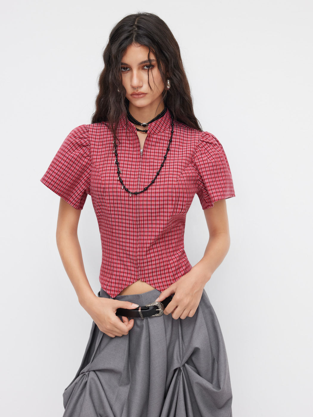 Plaid Stand Collar Short Sleeve Asymmetrical Hem Zip Through Blouse