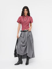 Plaid Stand Collar Short Sleeve Asymmetrical Hem Zip Through Blouse