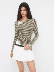 Stripe Asymmetrical Neckline Long Sleeve Ruched Tee