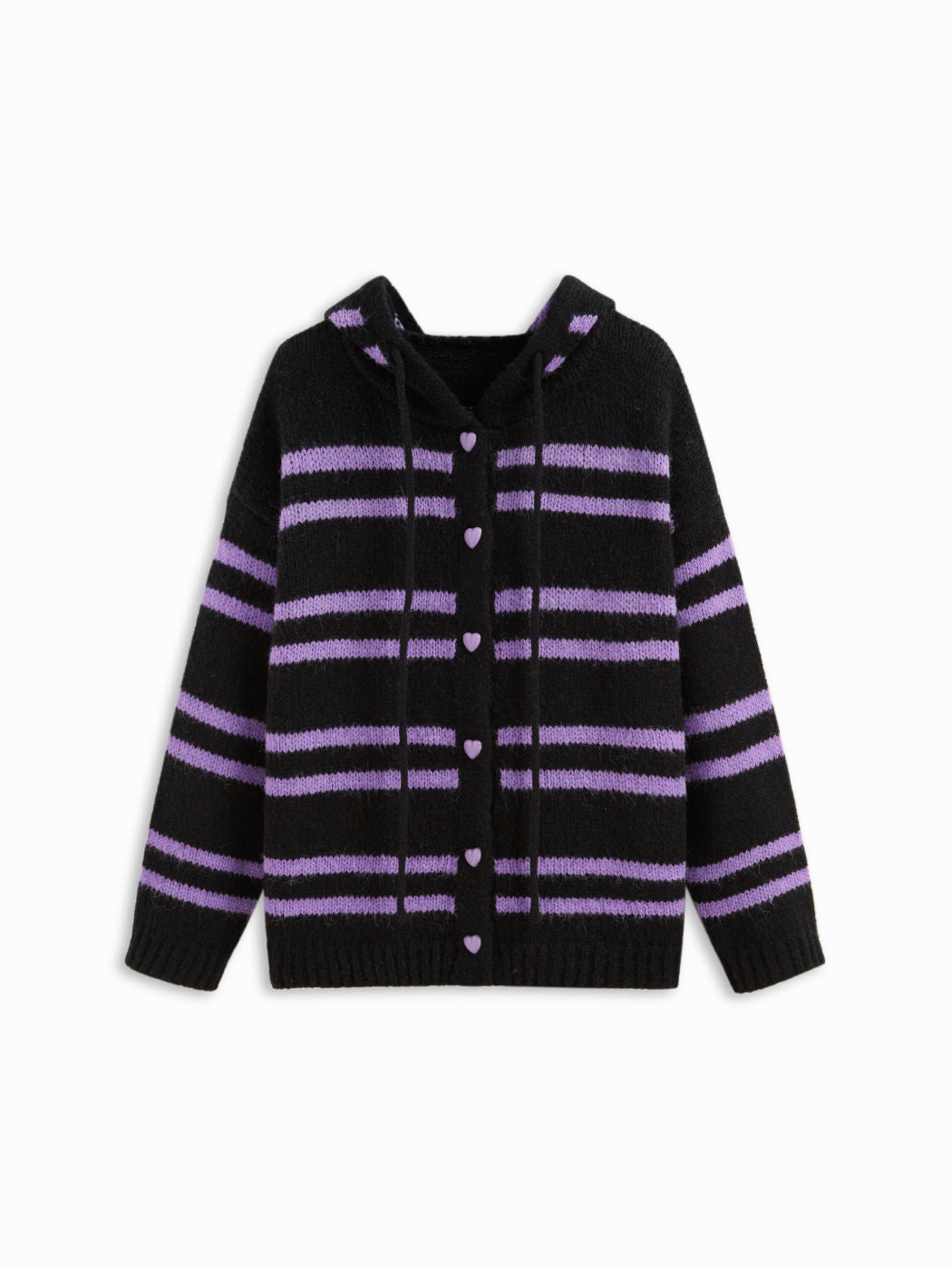 Knit Wool-blend Hooded Heart Button Striped Drawstring Oversized Cardigan