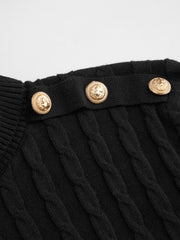 Cable Knit High Neck Metal Detail Button Long Sleeve Top