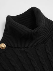Cable Knit High Neck Metal Detail Button Long Sleeve Top