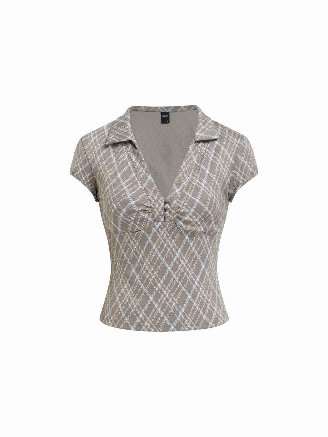 V-neck Plaid Ruched Short Sleeve Top