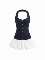 Stretch Denim Halter Neckline Two Tone Bubble Hem Mini Dress
