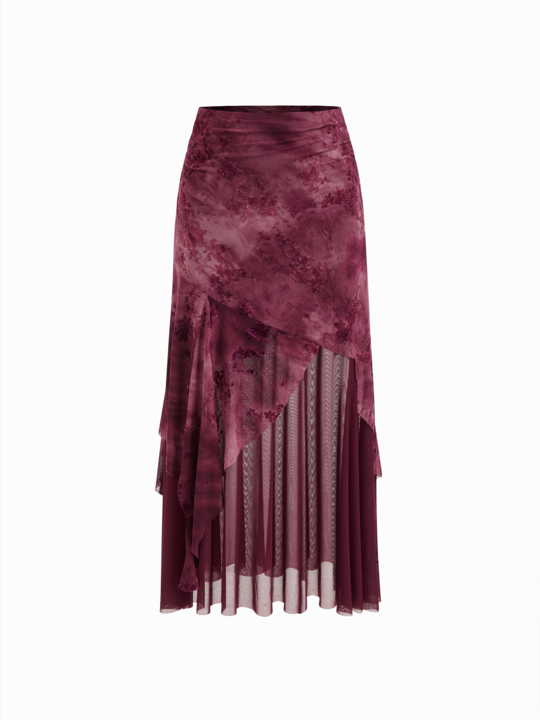 Mesh Mid Rise Floral Tie Dye Asymmetrical Hem Tulle Maxi Skirt