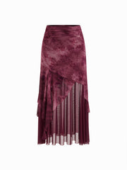 Mesh Mid Rise Floral Tie Dye Asymmetrical Hem Tulle Maxi Skirt