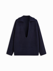 Knit Collar V-neck Long Sleeve Oversized Top