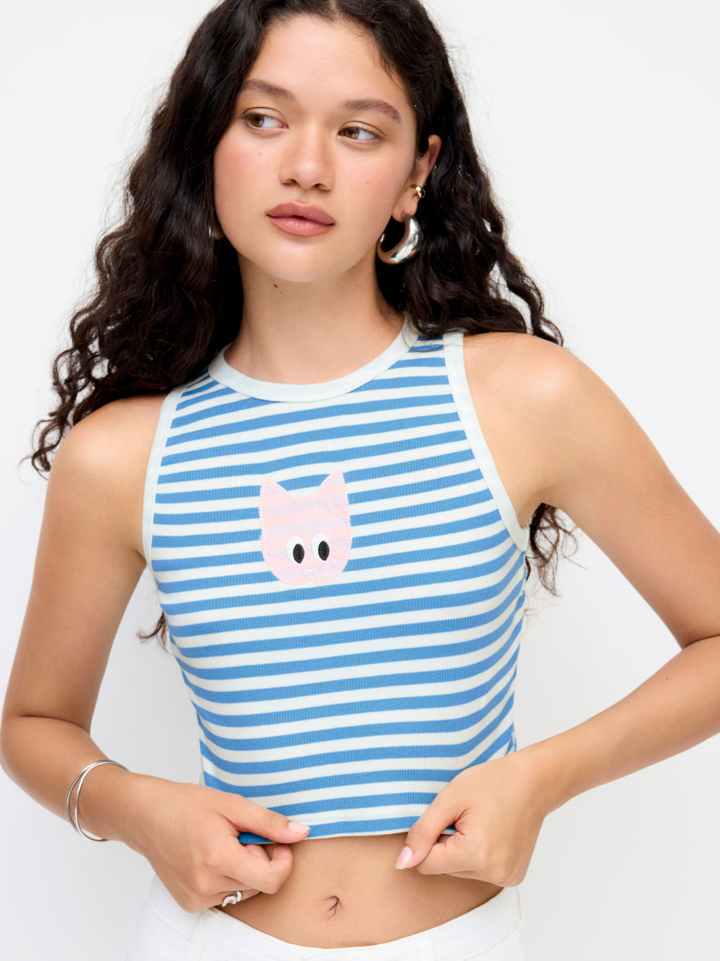 Cotton-blend Stripe Cat Graphic Round Neckline Crop Tank Top