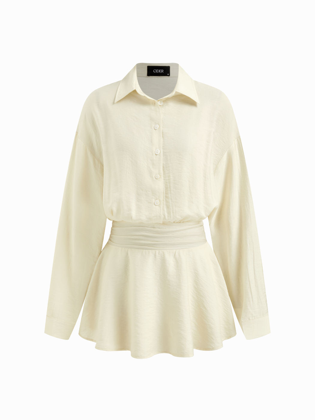 Collar Shirred Ruched Long Sleeve Mini Shirt Dress