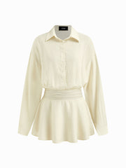 Collar Shirred Ruched Long Sleeve Mini Shirt Dress
