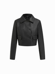 Collar Double Breasted Faux Leather Shacket