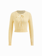 Cable Knit Round Neck Bowknot Cardigan
