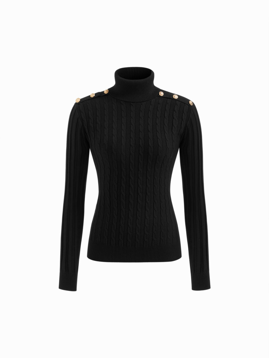 Cable Knit High Neck Metal Detail Button Long Sleeve Top