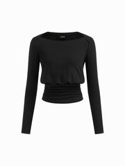 Boat Neck Ruched Long Sleeve Top & Low Rise Capri Leggings Set