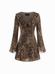 Chiffon Leopard V-neck Bell Sleeve Ruffle Trim Knotted Mini Dress