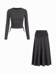 Round Neckline Drawstring Top & Low Rise Ruched Maxi Skirt Set