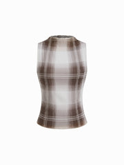 High Neck Plaid Texture Lettuce Trim Tank Top