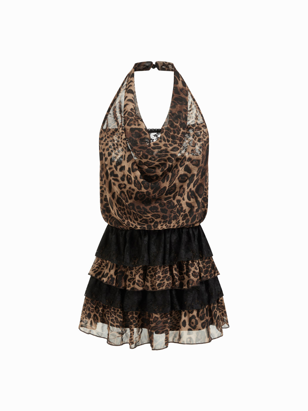 Cowl Neck Leopard Print Backless Lace Layered Mini Dress