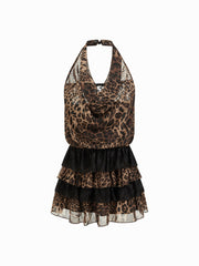 Cowl Neck Leopard Print Backless Lace Layered Mini Dress