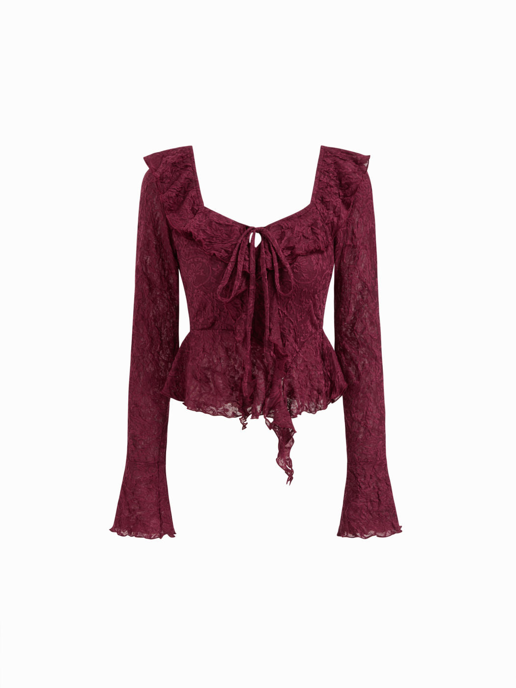 Lace Sweetheart Floral Lettuce Trim Peplum Hem Long Sleeve Top