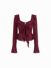 Lace Sweetheart Floral Lettuce Trim Peplum Hem Long Sleeve Top
